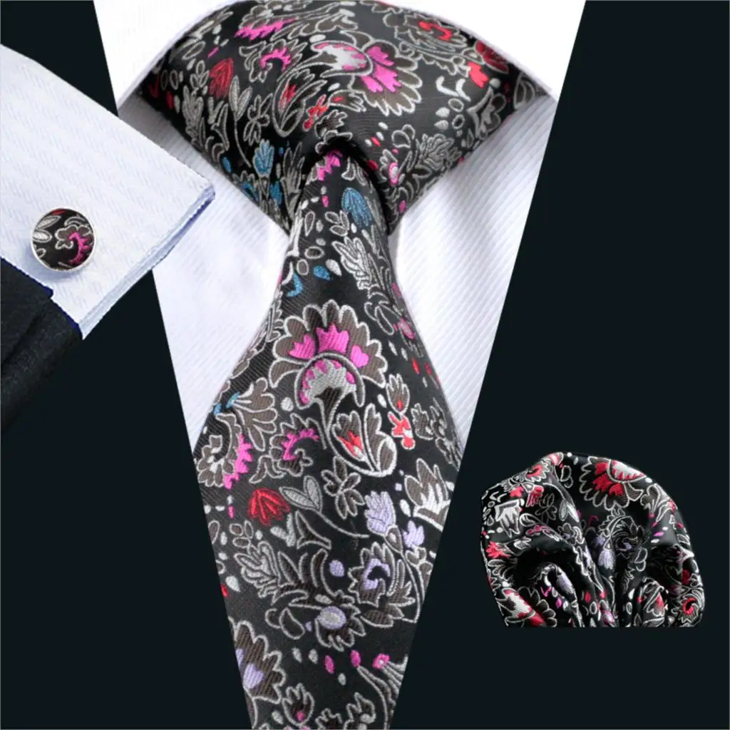 Fa-267 мужские галстук черный цветочный 100% шелк жаккард галстук Ханки Запонки Комплект Бизнес Свадебная вечеринка Галстуки для Для мужчин;