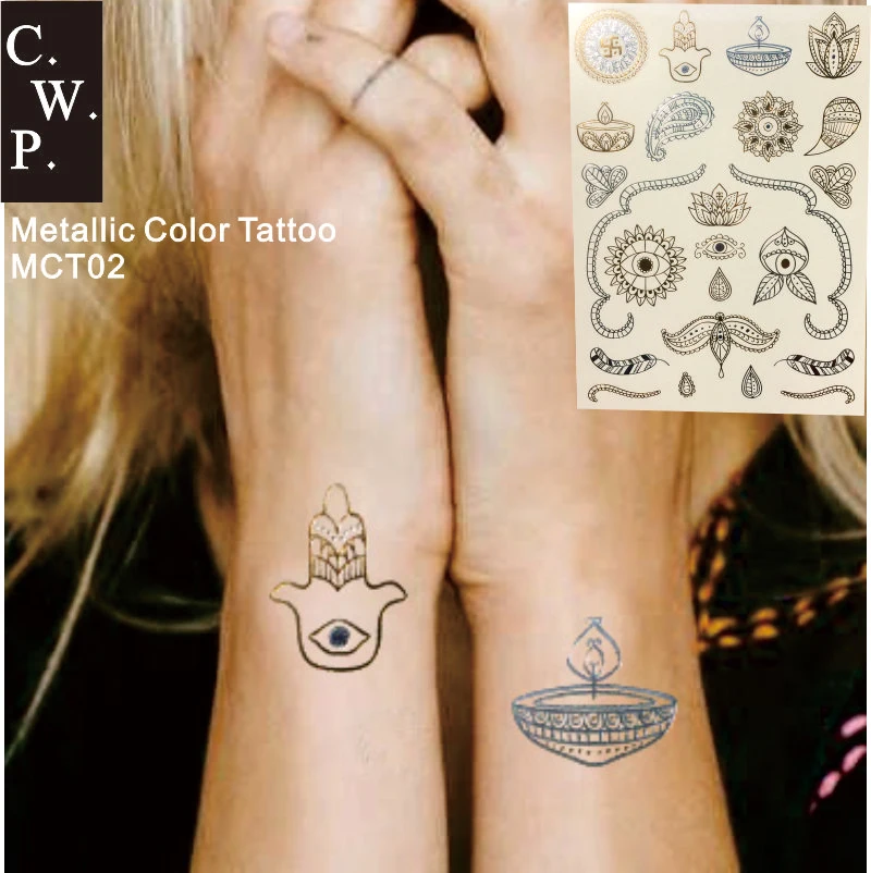 

MCT02 Gypsy Soul and Yoga Pattern Metallic Temporary Tattoo with Lotus, Hasma Hand, Candler Gold and Silver Tattoos