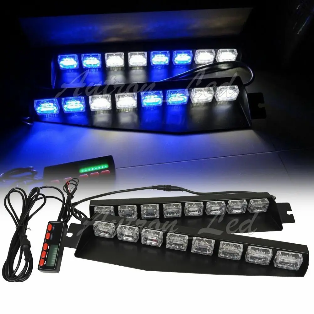 

34" 48W Blue White LED Visor Dash Deck Split Strobe Light Bar 18 Flash Patterns