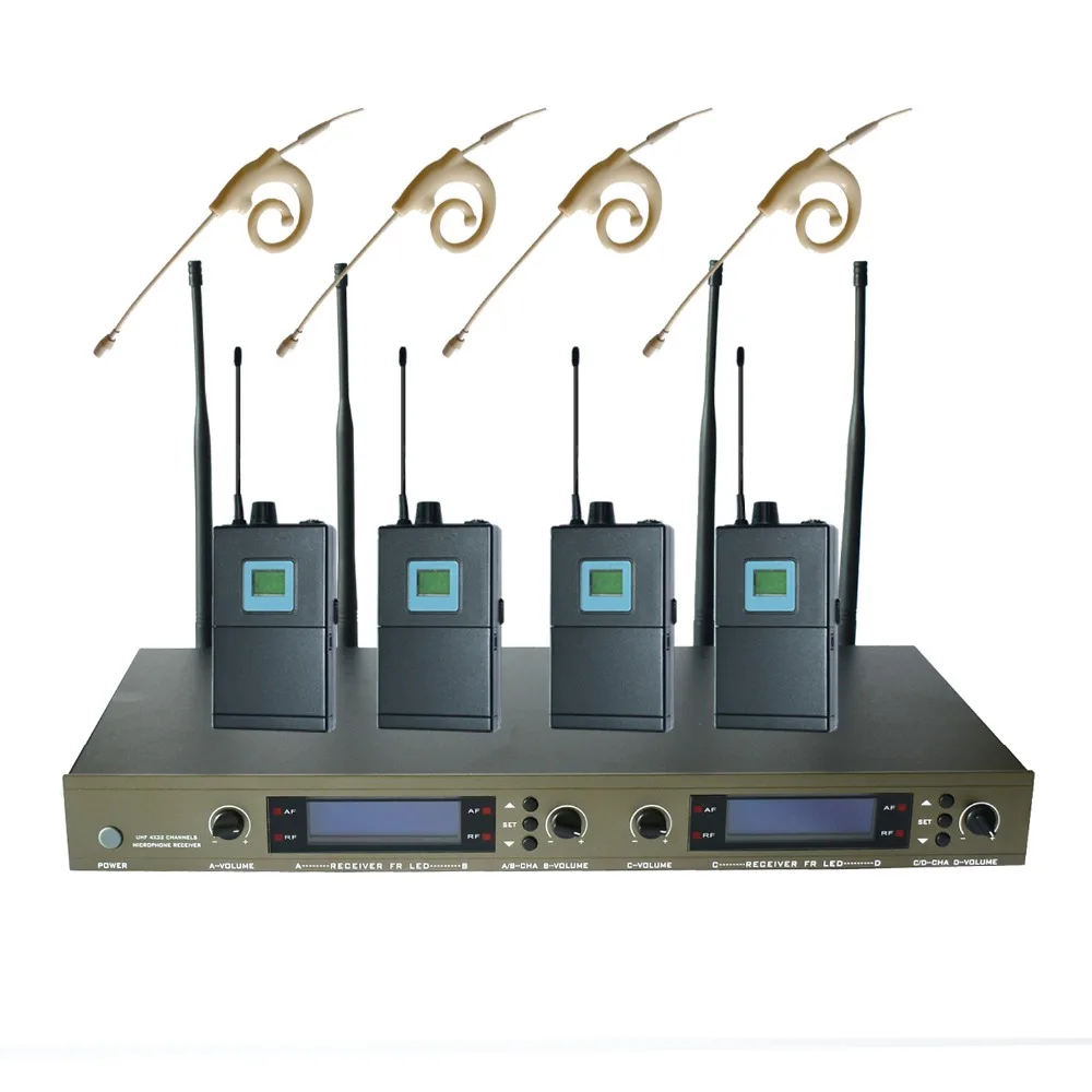 U-4004-OK-1B/E-7 UHF/PLL 4 канала Разнообразие беспроводной микрофон с нательным передатчиком системы с 4 бежевыми наушниками Mic