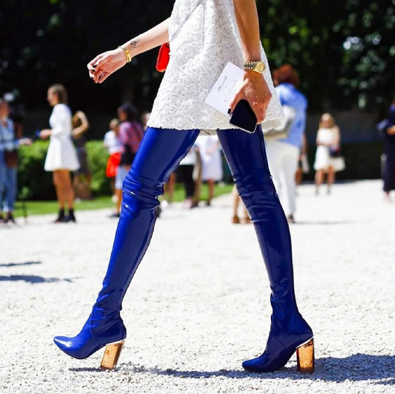 

Silla Rulers 2018 new Sexy new genuine leather top Knee Boots Shiny Leather Knee Boots Transparent heel High heel Knights boots