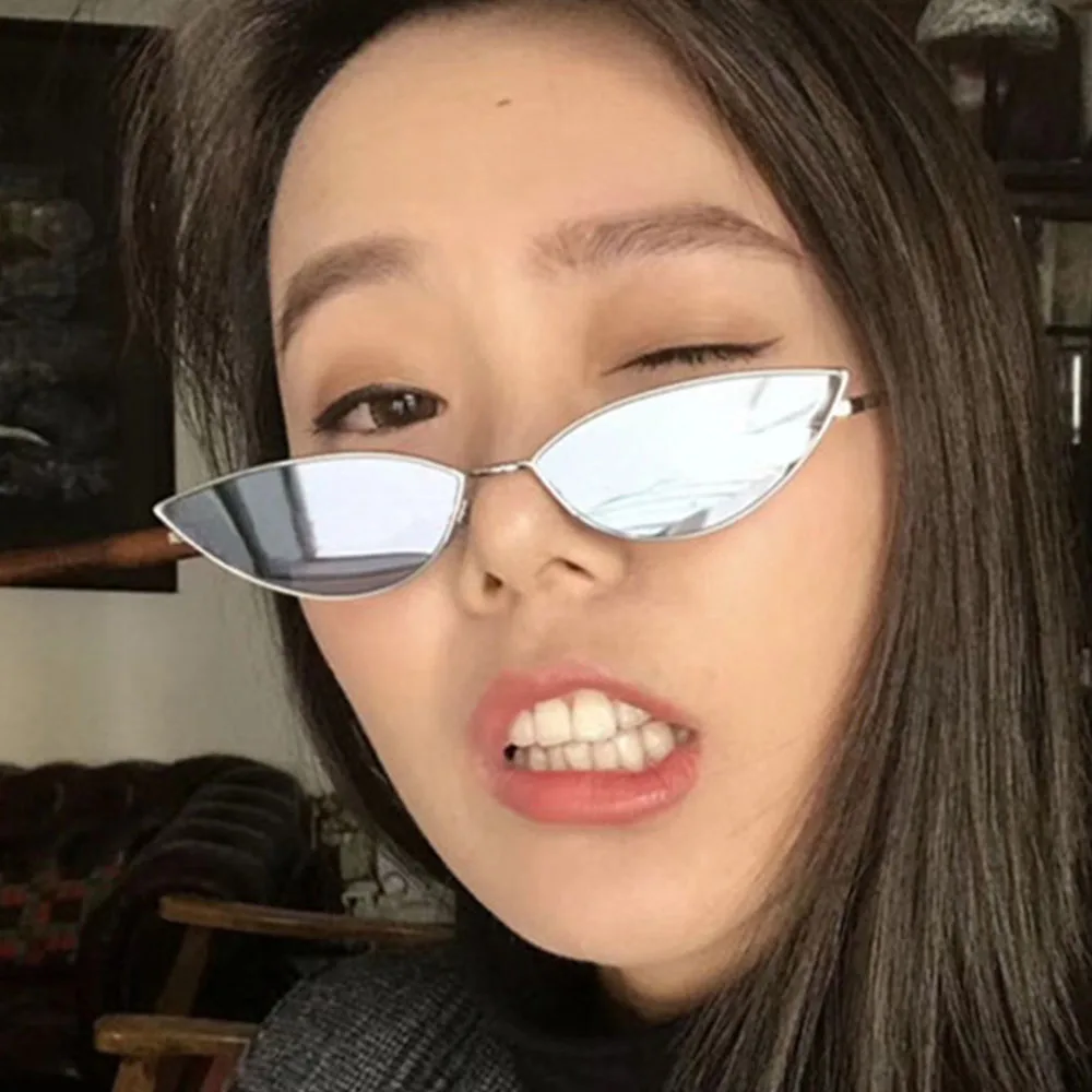 

New Arrival 2018 Korean Metal Small Frame Cat Eye Sunglasses Women Sexy Cool Fashion Cute Yellow Pink Red Lens Sun Glasses Men