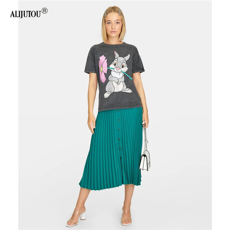 Повседневная Женская футболка с коротким рукавом и принтом кролика, новая летняя женская модная серая футболка из хлопка в стиле Харадзюку