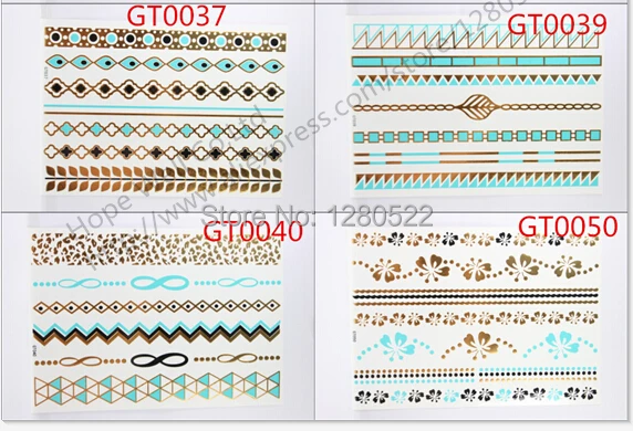

4sheets Gold Blue Metallic Flash Tattoo Temporary Jewelry Inspired Tattoo Tatuagem Turquoise 8 Models for Choose