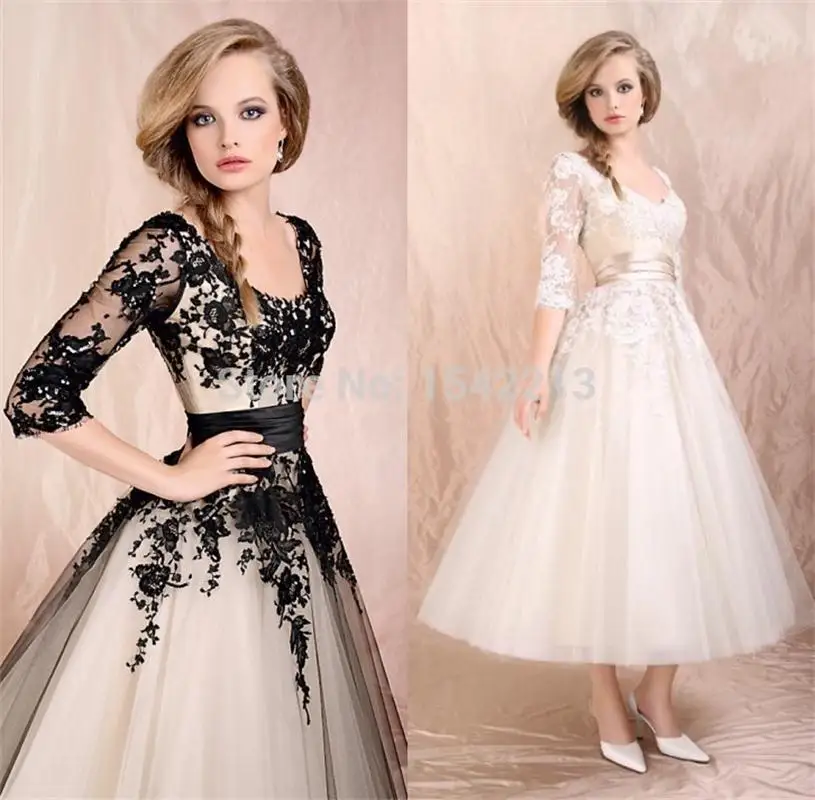 Free Shipping Real Picture White Black Lace Applique Vintage Prom Dress