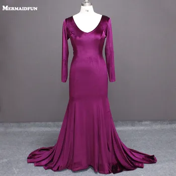 

2019 Real Photos Purple Velvet Long Sleeve Mermaid Sexy Deep V Neck Plus Size Evening Dresses Robe De Soiree Evening Gown