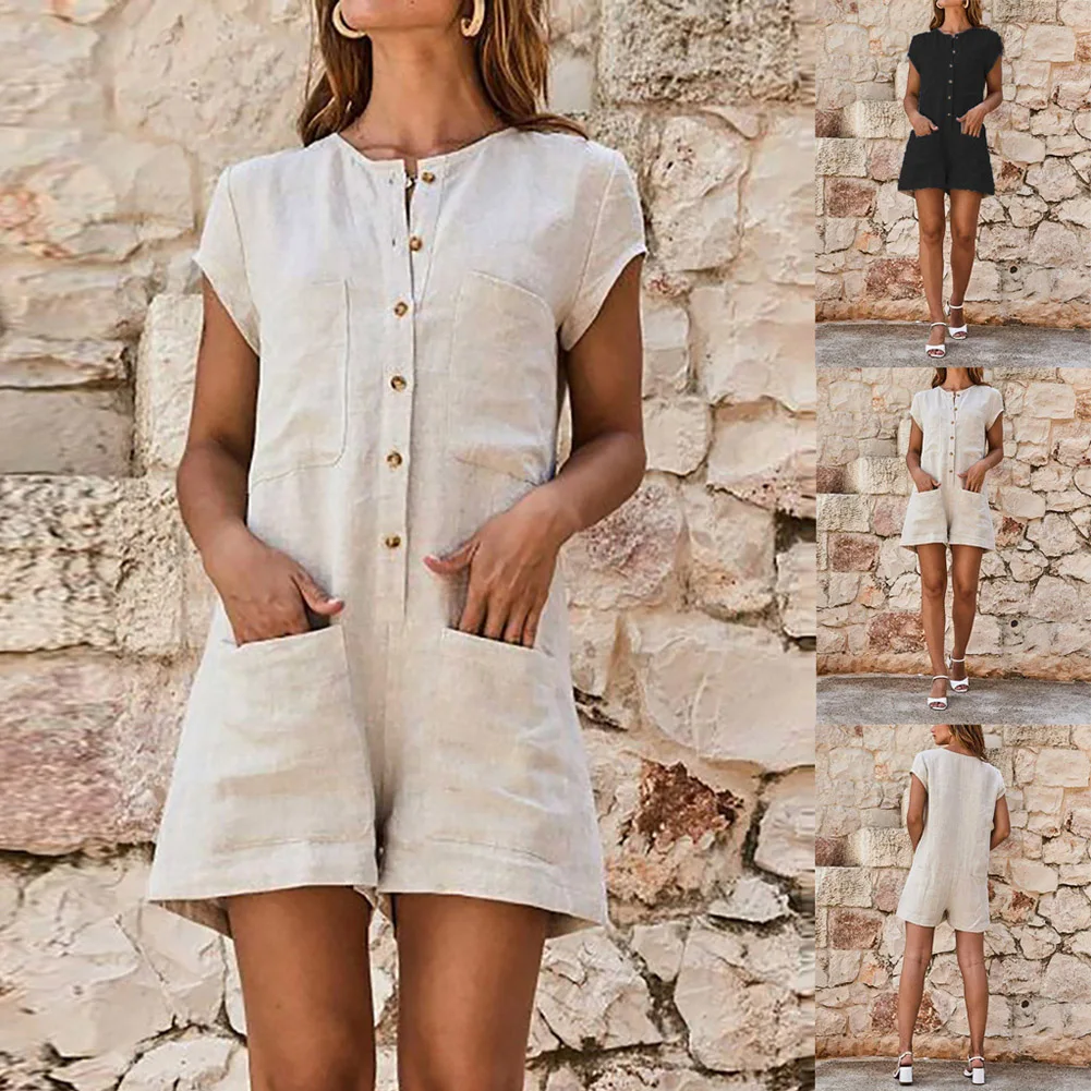 

Summer Short Sleeve Botton Short Linen Jumpsuit 2019 New Fashion Female Vintage Casual Solid Color Pocket Short Jumpsuit