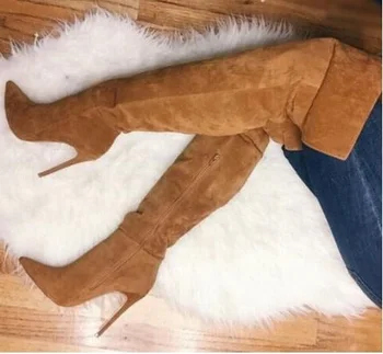

Brown Suede Woman Over The Knee Boot High Heel Pointed Toe Long Boot Side Zipper Tight High Boots 2018 Winter Dress Shoes