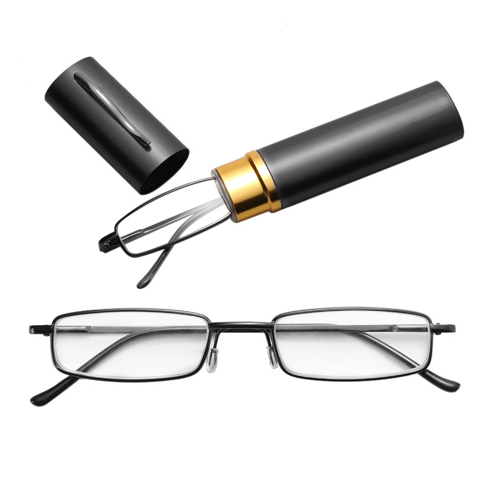

+1.00-4.00 Unisex Stainless Steel Frame Resin Reading Glasses With Tube Case Folding Anti Fatigue Presbyopic Eyeglasses