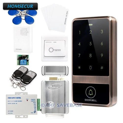 

HOMSECUR Rectangular Red Bronze Waterproof DIY RFID Access Control Set Electric Lock + 5 RFID Cards + 5 RFID Keyfobs + 2 Remote