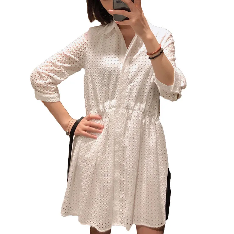 

Summer dress 2019 embroidery casual dress hollow womens clothing lace-up white dress bow women dress