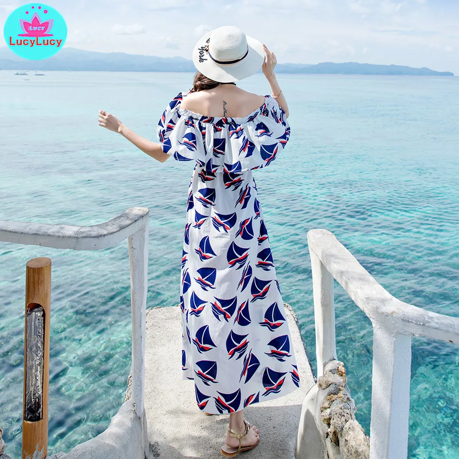 2019 new summer women's bohemian beach ruffled word collar split sexy dress Off the Shoulder  Print  Short  Beach Style