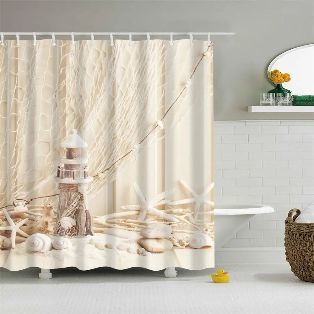 

Dafield Shower Curtain Starfish Nautical Seashell Fabric Coastal Sea Shell Fishing Net Marine Ocean Wooden Lighthouse Starfish