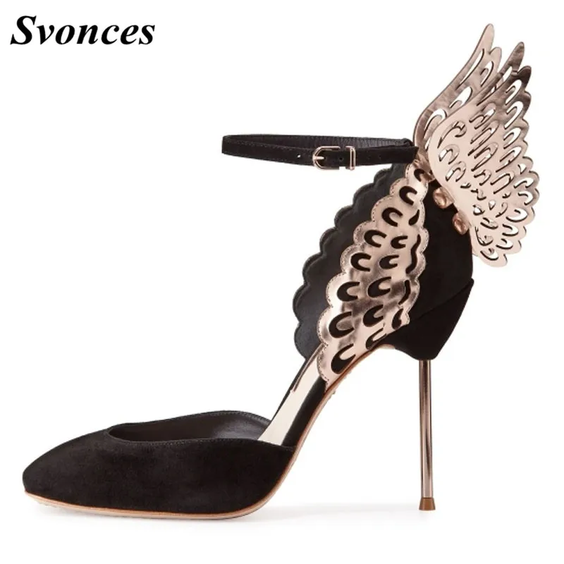 Svonces Fashion Ankle Strap Butterfly Pumps Gold Wing Black