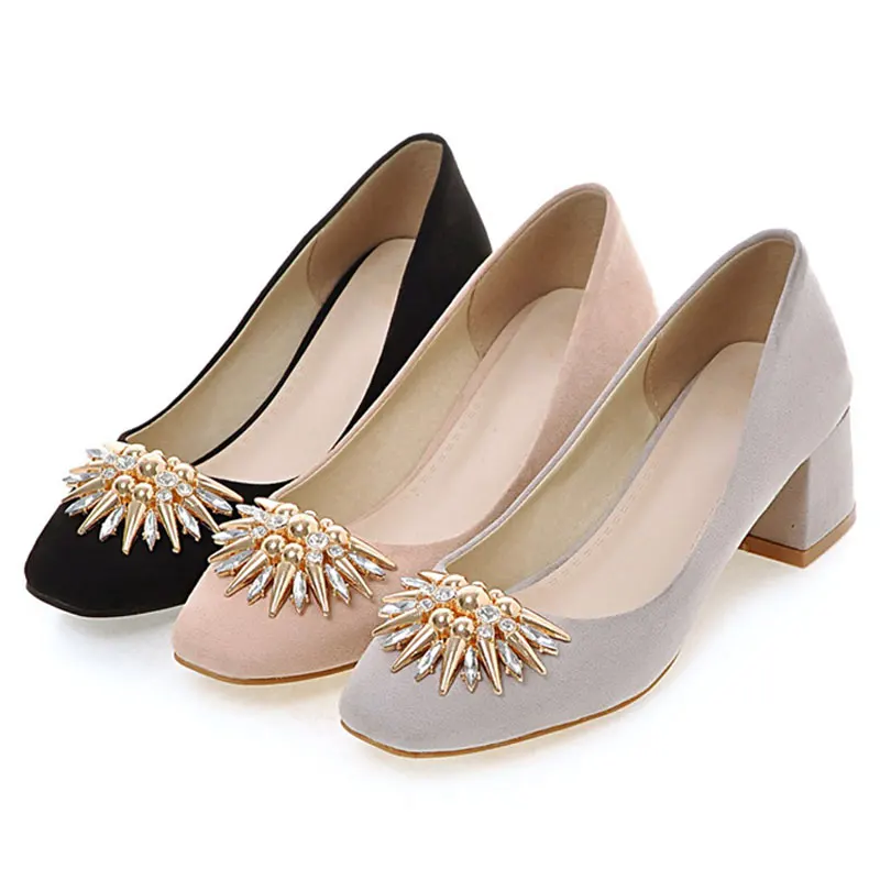 Fanyuan/женские туфли на высоком каблуке элегантные женские вечерние туфли с квадратным носком, украшенные кристаллами; zapatos mujer абрикосовый, серый цвет; большие размеры 34-43