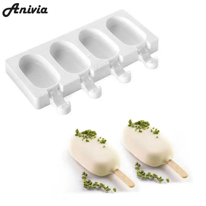 Anivia 4 Komórek Silikonu Mrożone Ice Cream Pop Popsicle Mold Ice Maker Lolly Mould Taca Pan Kuchnia + 40 Drewniane kije