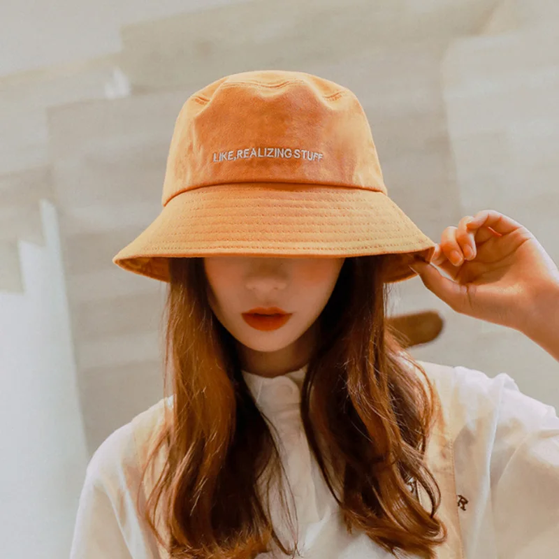 

Embroidery Letter Bucket Hat Men Women Fisherman Hats Summer Outdoor Hunting Fishing Cap Solid Yellow Color Flat Cap harajuku