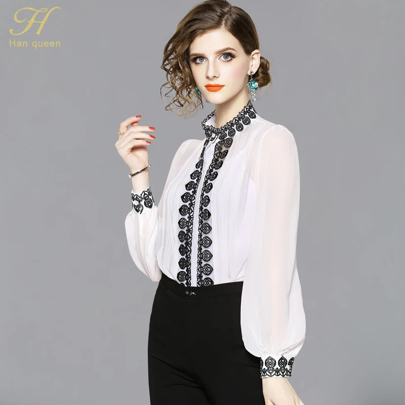 H Han Queen Women Chiffon Blouses Loose Embroidered Shirt Tops Work Casual Vintage Blouse Plus Size Lantern Sleeve Blusa