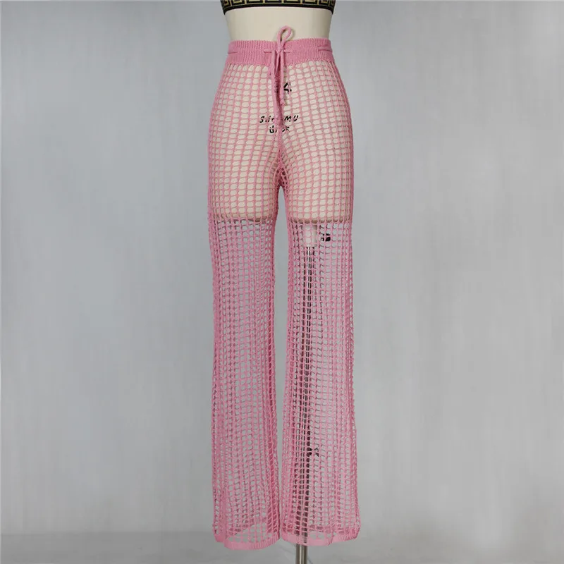 Adogirl Women Beach Flare Pants Solid Knitted Hollow Out Fishnet Wide Leg Pants High Waist Lace Up Sashes Night Club Trousers