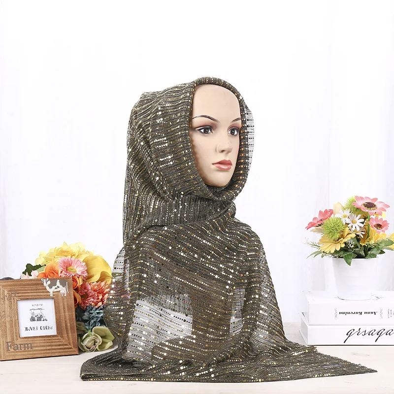 1 шт. Модный женский мусульманский мерцающий шарф из шифона Hijabs женский Блестящий Люрексовый длинный платок пашмины блестки головной платок 180x68 см