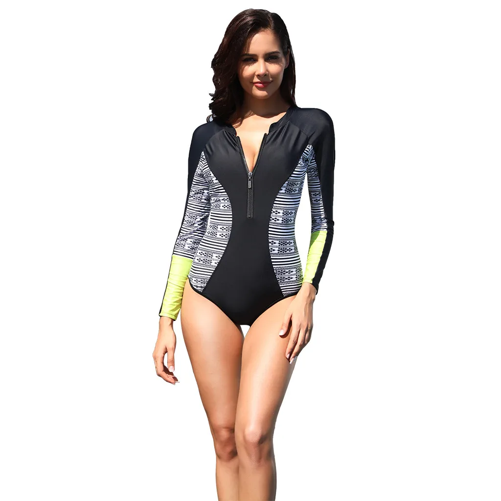 

CHAMSGEND Hot Women's surf clothing color sexy long-sleeved sunscreen fashion beach holiday beachwear one-piece swimsuit