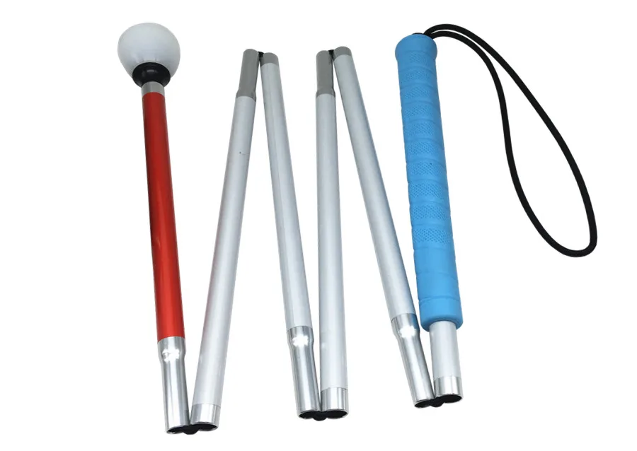 120 см-155 см, 6-секционной Алюминий слепых трость с синей ручкой, отражающий красный, складной трость для слепых