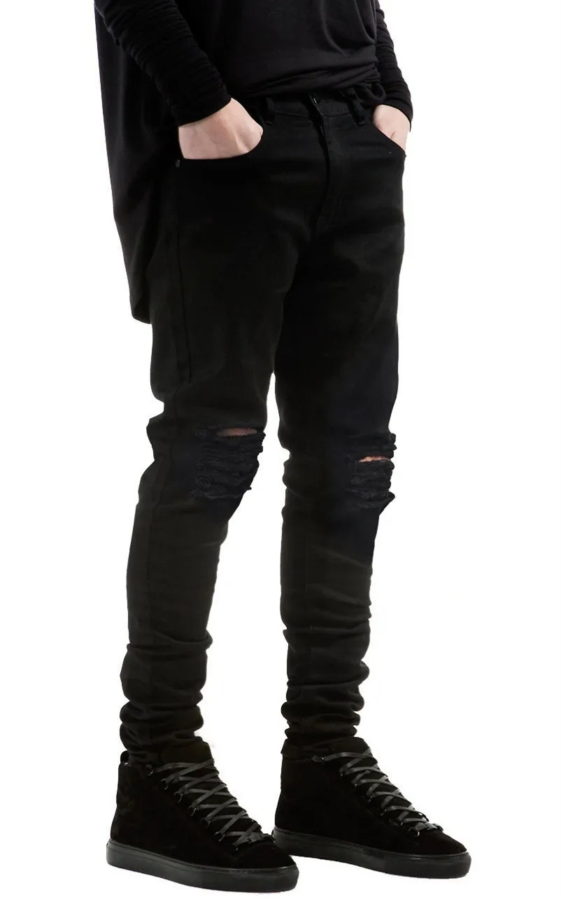 Black Ripped Jeans Men With Holes Super Skinny Famous Designer Brand trousers Slim Fit Destroyed Torn Jean Pants For Male