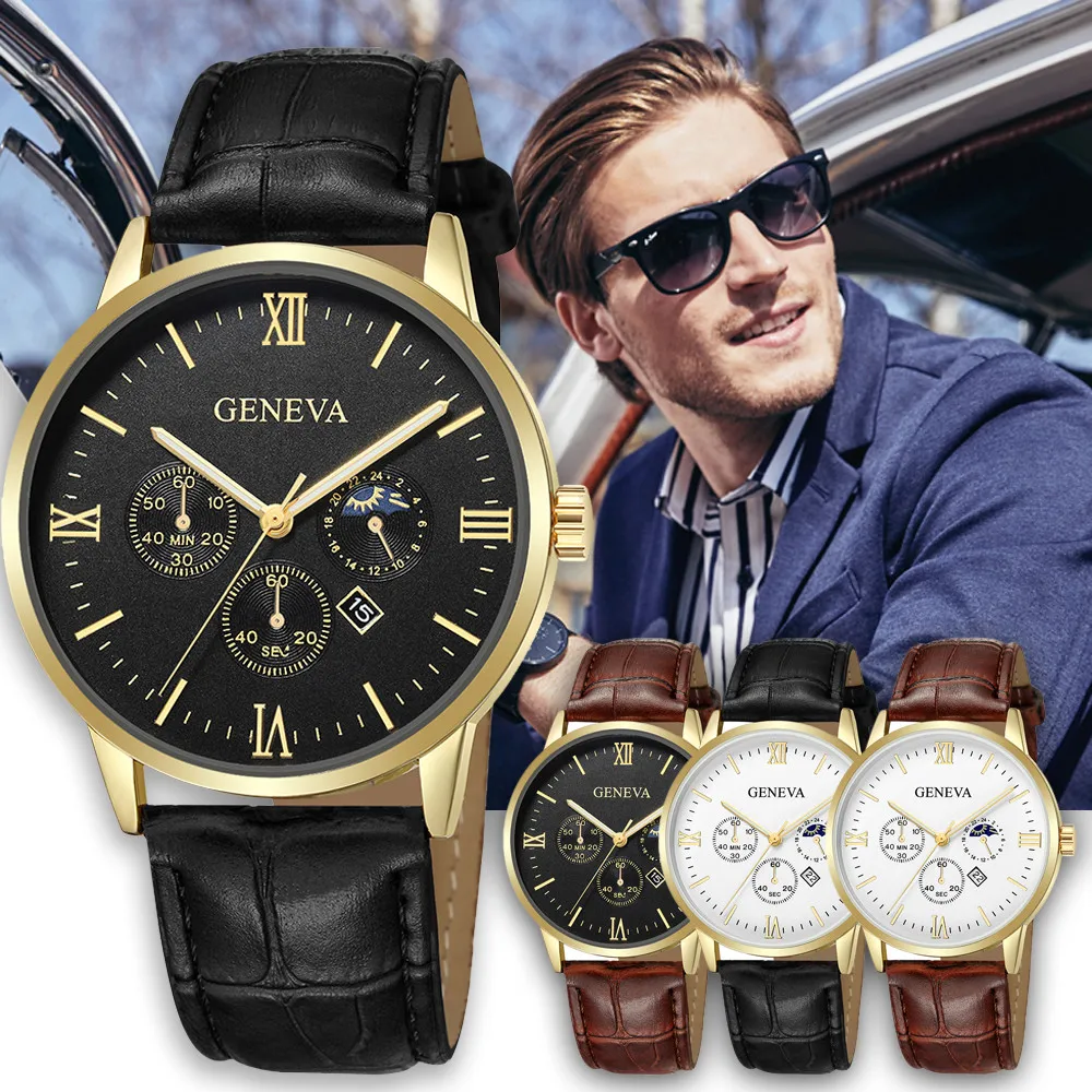 

Geneva Fashion Simple Men Date Alloy Case Synthetic Leather Band Analog Quartz Sport Buckle Watch Casual Women Quartz Watches