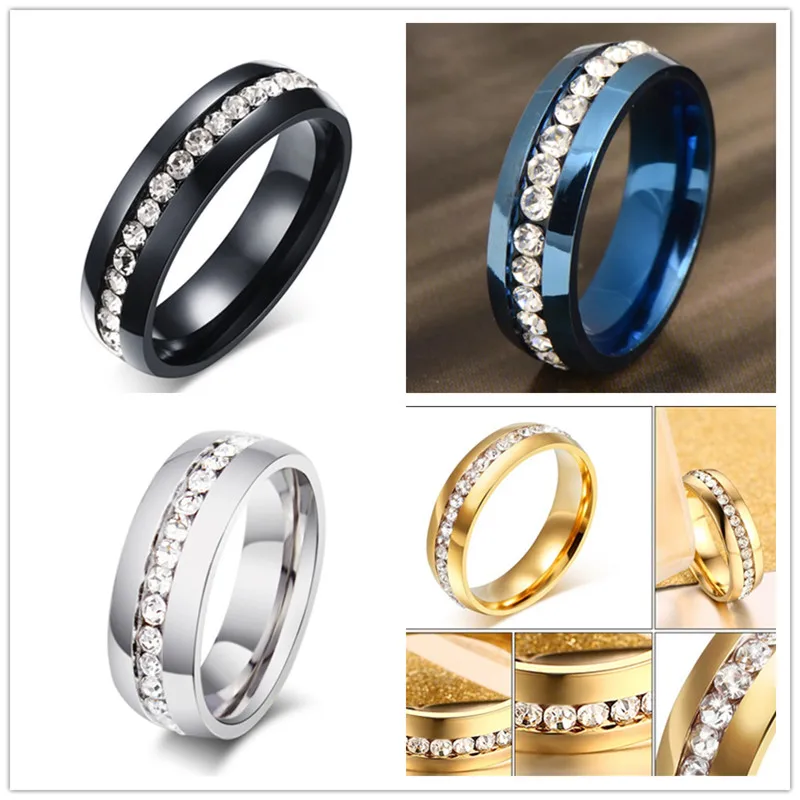

QianBei 6MM Stainless Steel Ring Blue Silver Gold Black CZ Inlay Cubic Zirconia Women Men Wedding Cocktail Graduation Xmas Gift