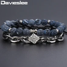 Браслет для мужчин, нержавеющая сталь, кабельная цепь, квадратный Шарм, искусственная кожа, регулируемый синий шарик, мужской s браслет DDLB67