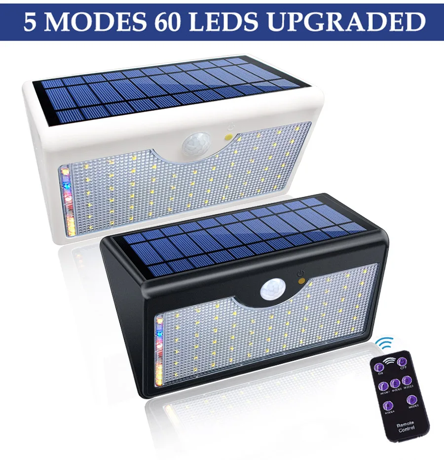 Luzes da Lâmpada para Jardim Parede ao ar Livre com Cinco Modos em um Super Brilhante Atualizado Quintal Lâmpadas Solares 60 Led Solar Luz 1300lm 2 com cinco modos em um lâmpadas solares 60 led solar luz