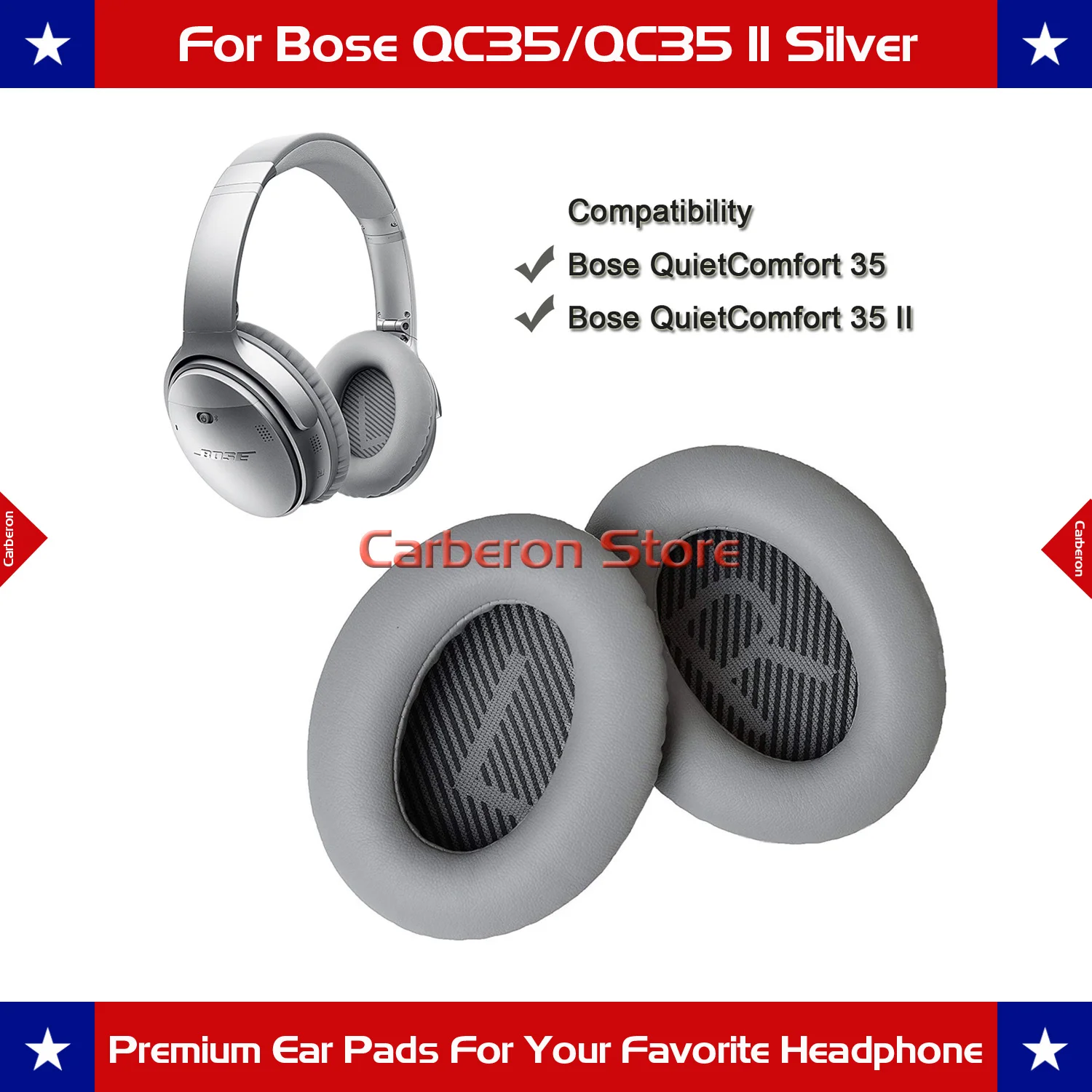 

Carberon Replacement Ear Pads Ear Cushions for Bose QC35/QC35 II Headphone with QC35 Scrims with 'L and R'(Silver)