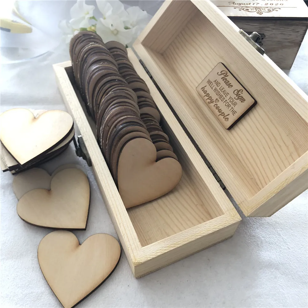 Персонализированная Свадебная Гостевая книга, Заказная деревянная коробка на память, Свадебная коробка с сердечками, деревенская Выгравированная Свадебная Гостевая книга