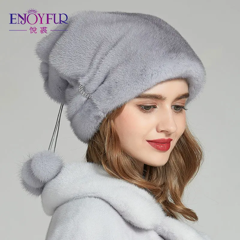 Женская шапка с помпонами ENJOYFUR, шапочка бини из натурального меха норки на зиму - Цвет: M06