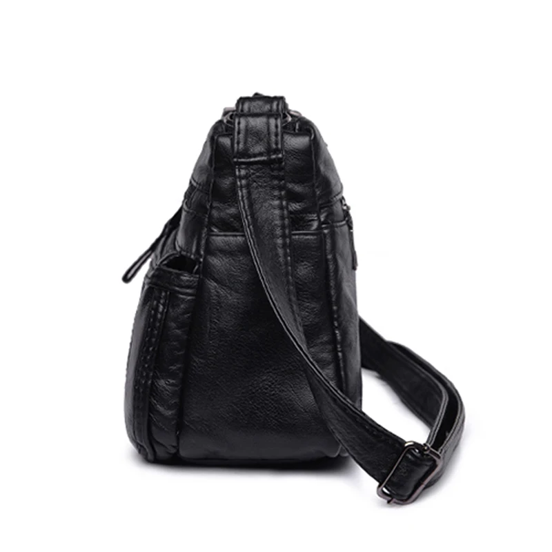 Annmouler Fashion Women Crossbody Bag Black Soft Washed Leather Shoulder Bag Patchwork Messenger Ba