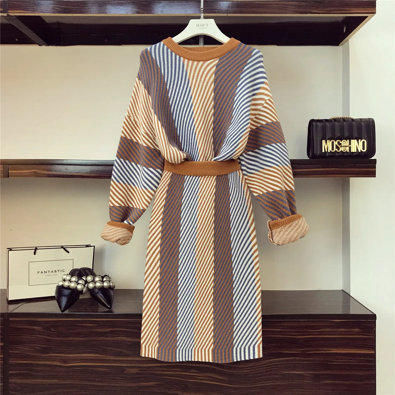 ALPHALMODA Autumn Winter Color Striped Knit Skirt Suit Loose Pullover sweater Back Slit Skirts Women 2pcs Casual Sets