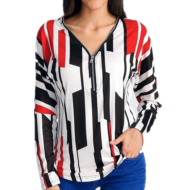 

Women's summer fashion V-neck T-shirt print long-sleeved plus size zipper casual tops