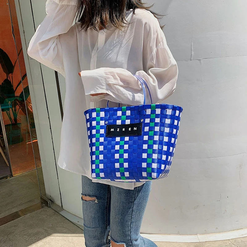 

AUAU-Summer Beach Basket Patchwork Striped Hand-Woven Color Casual Women'S Handbag Handbag Handbag Trend Fashion Pvc Bag