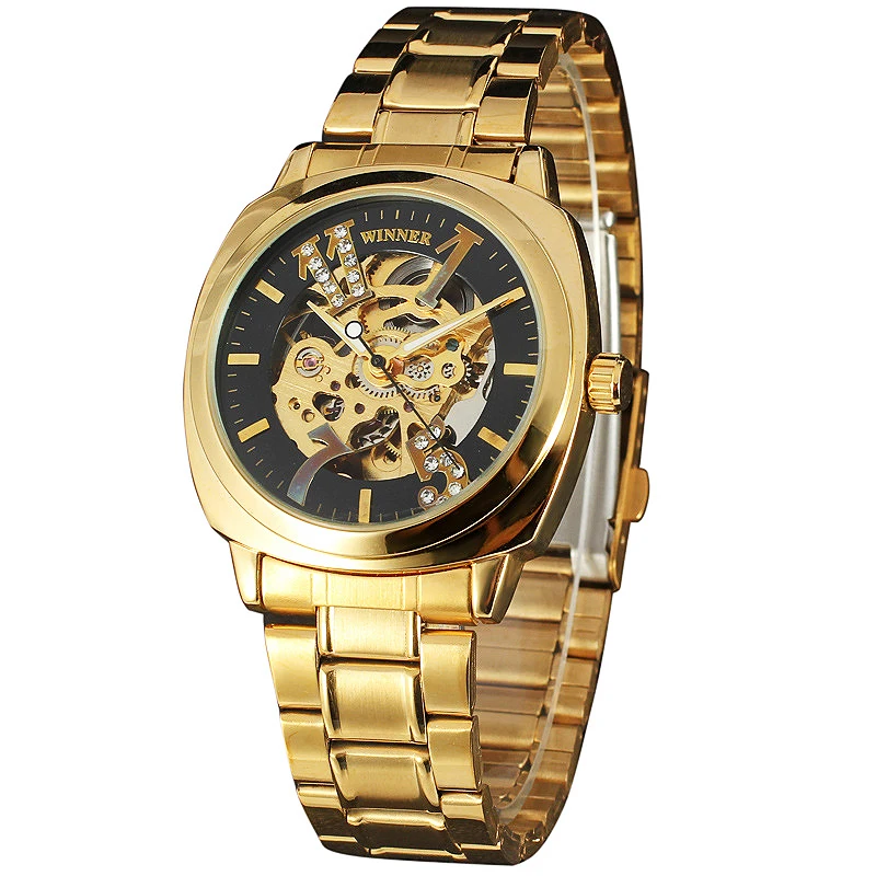 

2018 T-WINNER Men Auto Mechanical Wrist Watch Stainless-steel Band Arabic Number Luxury Rhinestone Dial Design + GIFT BOX