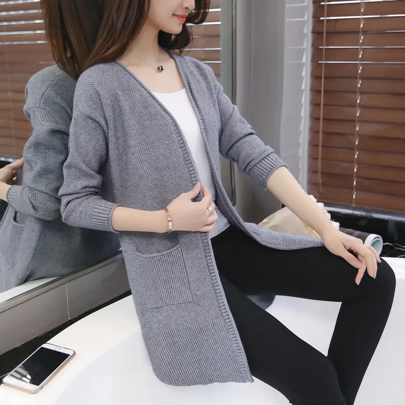 

2018 Autumn And Winter Medium Length Knitted Sweater Curled Pocket Cardigan