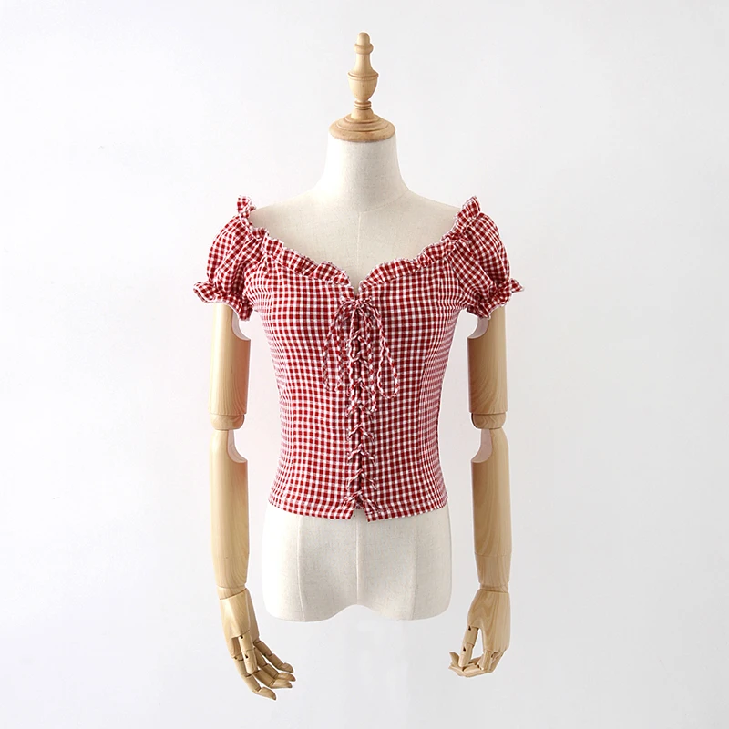 

Efvandoloe Summer Plaid Womens Tops And Blouse 2018 Ruffles Lace Up Square Neck White Shirt Women Puff Sleeve Casual Blouse