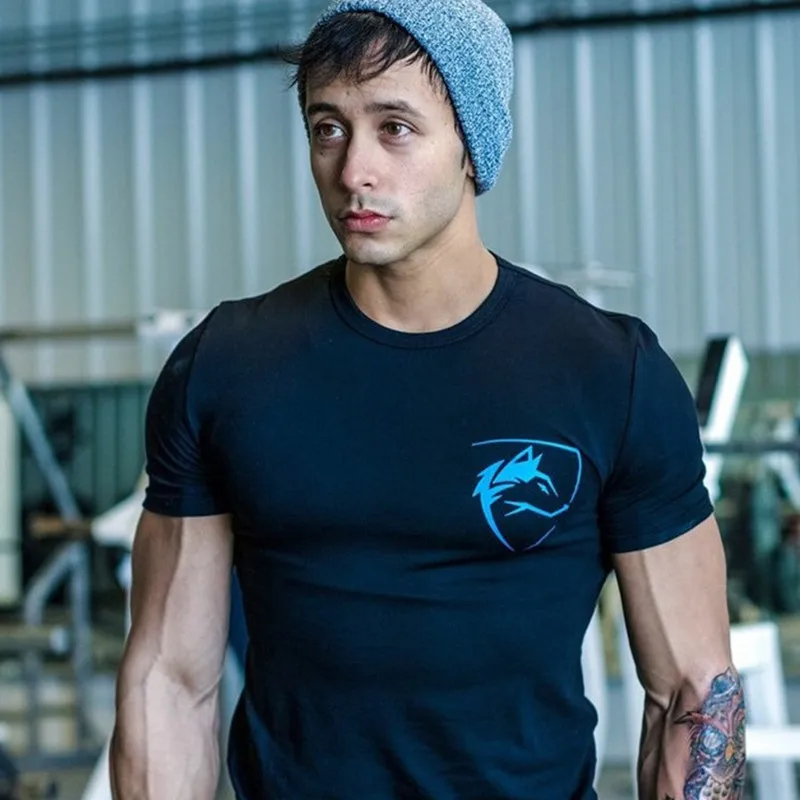 

2018 Summer Fashion Brand T-Shirt Mens Gyms Clothing Wolf head Print Short Sleeve Slim Fit T Shirt Fitness Men Tshirt