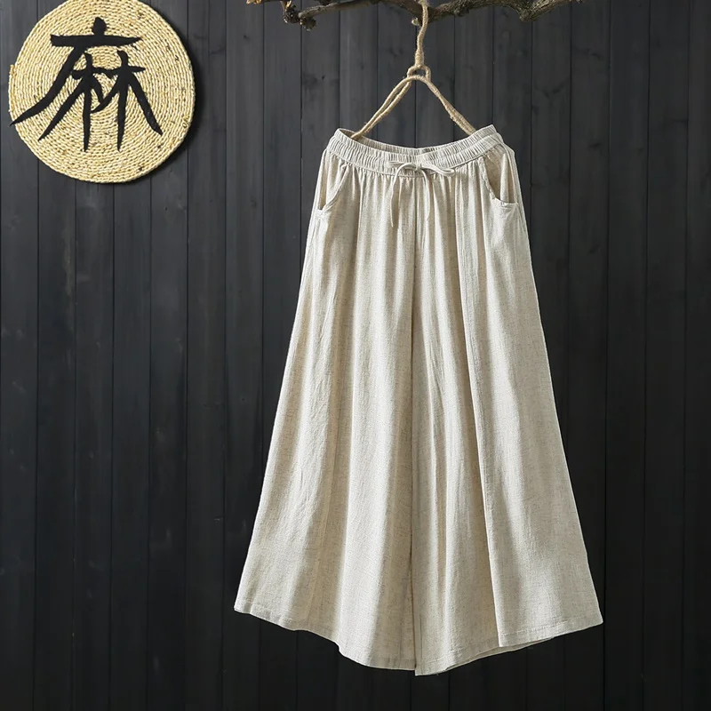 Расклешенные женские брюки, укороченные брюки, этнические широкие брюки, юбка с эластичной резинкой на талии, женские традиционные штаны в китайском стиле TA1451 - Цвет: 1
