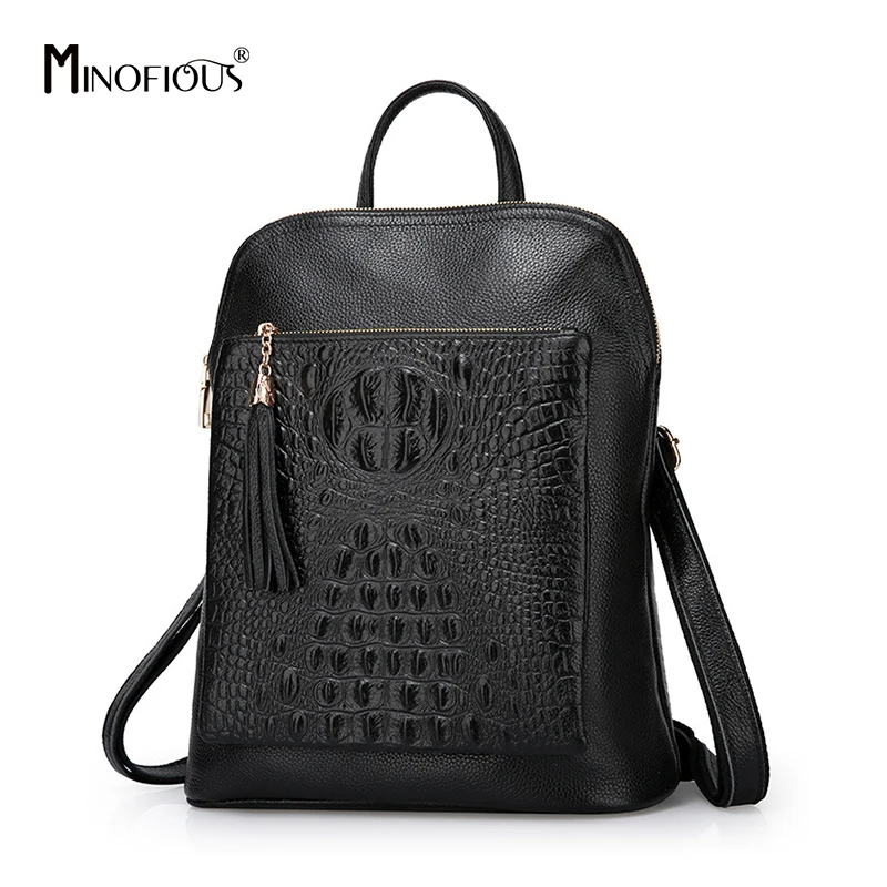 

MINOFIOUS Genuine Leather Women Backpack Crocodile Leather Backpack Female Real Leather Solid School Bag Fashion Casual Bag Pack
