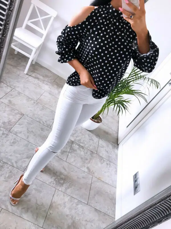 

Polka Dot White Blouse Women Tops New Fashion Casual V-neck Long Sleeve Shirt Women's OL Work Blouses Femme Blusa Top