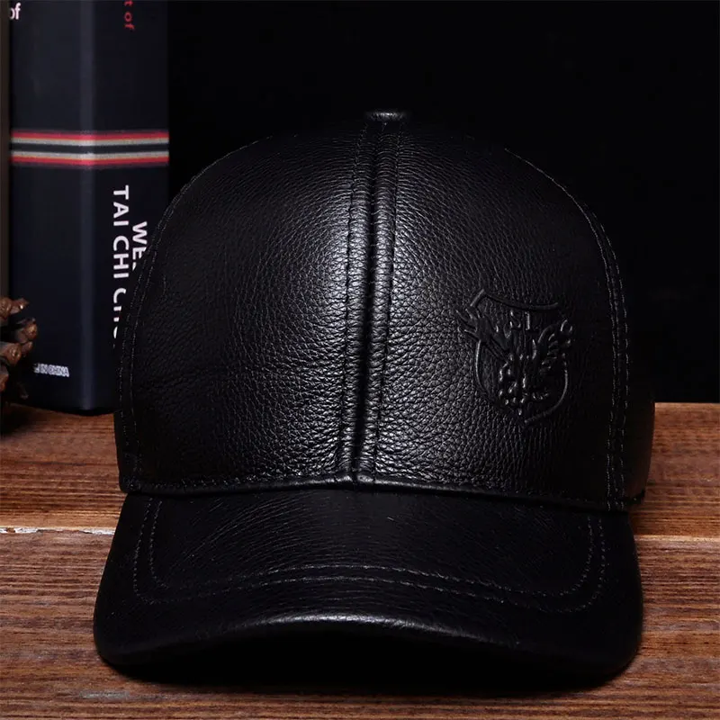 

HL125 2018 Brand new warm real cow leather caps hats Spring free shipping genuine leather baseball cap