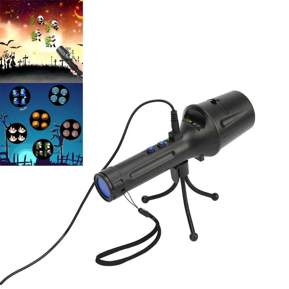 

Portable LED Projector Flashlight With Slides Tripod USB/Battery Powered Handheld Stage Light CLH@8