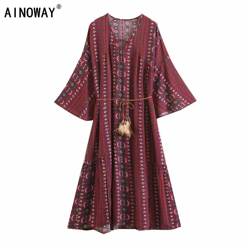 

Vintage Chic women floral print tassel beach Bohemian midi dress Ladies V neck Summer Boho dress vestidos