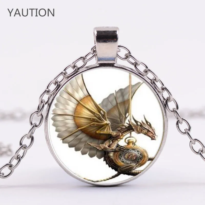 

3 Colors Dragon Necklace Pterosaur Pendant Jewelry Handmade Chains Glass Dome Pendants Silver Animal Necklaces