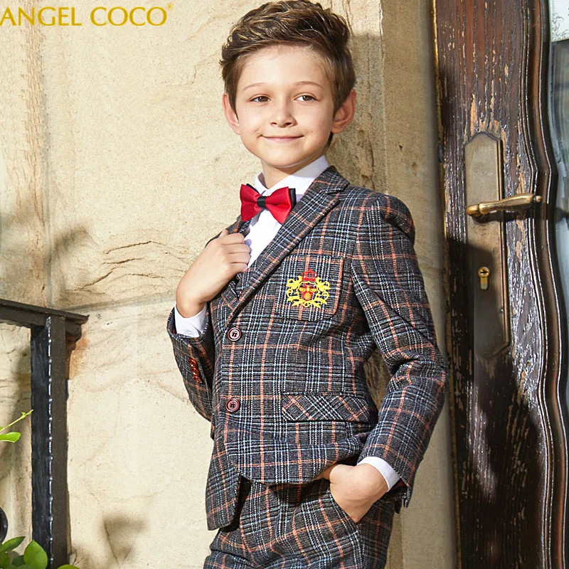 Elegant Gentleman Child Boy Evening Dress British Style Plaid Boys Suits For Weddings Kids Prom Suits Boy Formal Classic Costume